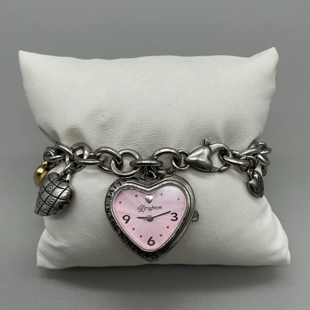 Brighton Womens Watch 27mm Pink Heart Dial Charm Bracelet New Battery 8